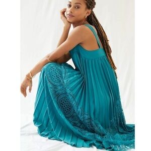 Anthropologie Geisha Designs Pleated Lace Inset Maxi Dress Teal Blue Green S